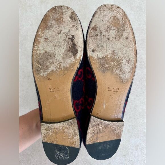 GUCCI Jordaan GG Monogram Horsebit Wool Flat Loafers Navy Blue & Red EU 37 US 7 - Picture 7 of 10